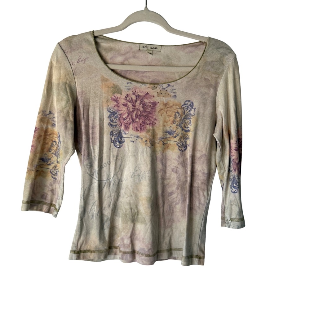 Xcit U S A Women's Floral Print Rhinestone Studded‎ Top PM Boho Cottage Fairy